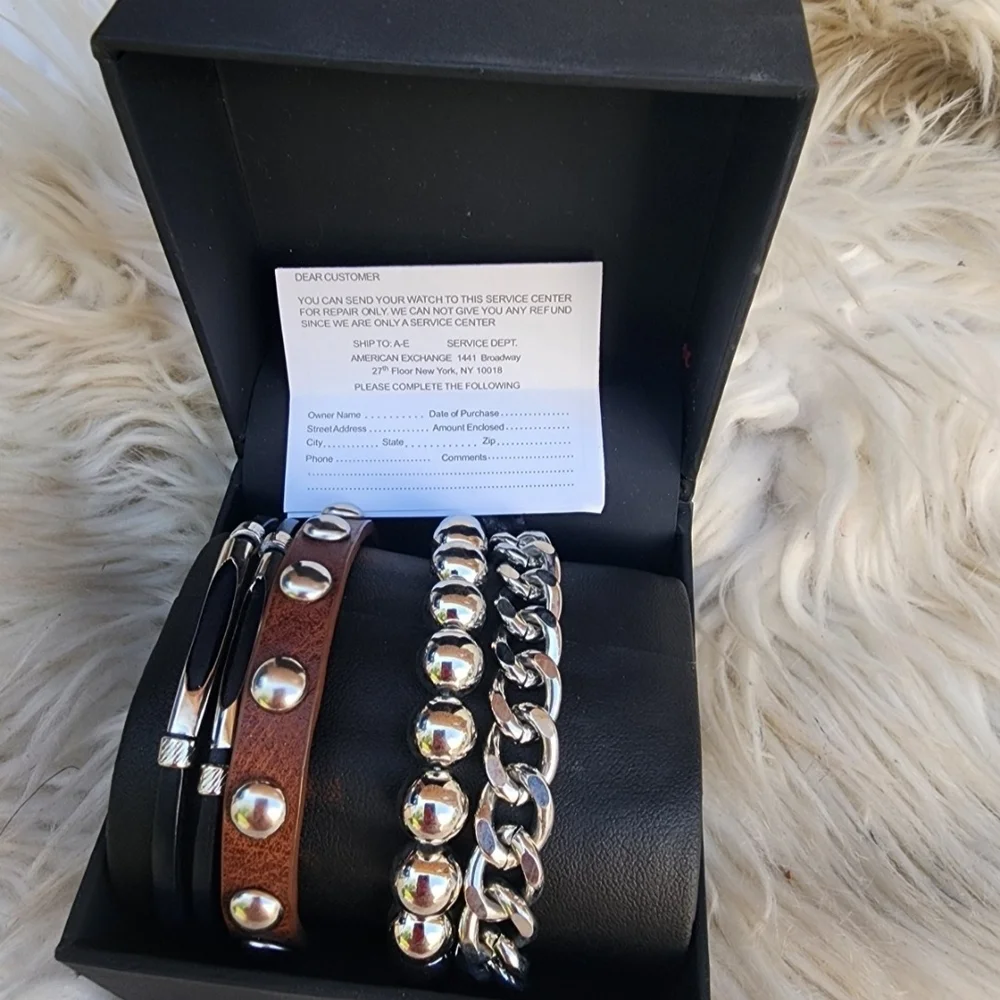 Men’s Bracelet Stack Set Black Brown Silver Stud Leather Chain $85